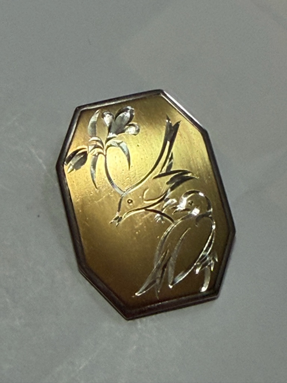 Gorham Floral Bird Engraved Gold-Tone Octagon Brooch